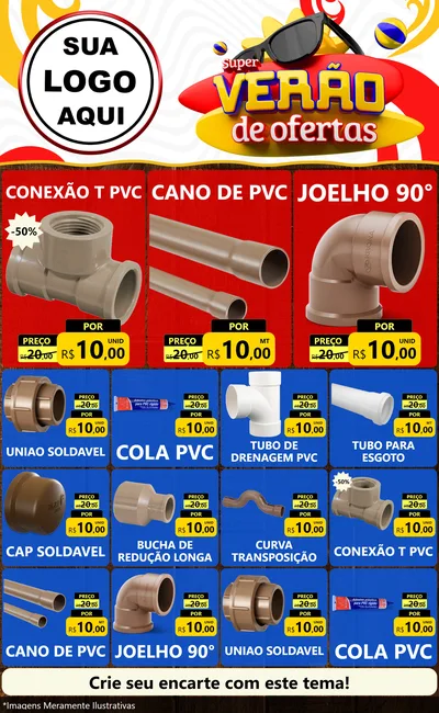 Modelo de Encarte para Encarte Grande com o tema Super Verão de Ofertas para Tubos e conexões