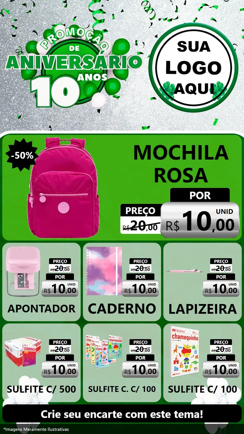 Modelo de Rede Social para Stories com o tema Promoção de Aniversário - 10 Anos para Papelaria