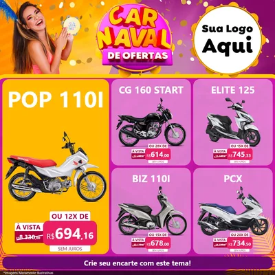 Modelo de Rede Social para Feed Facebook com o tema Carnaval de Ofertas para Concessionaria de Motos