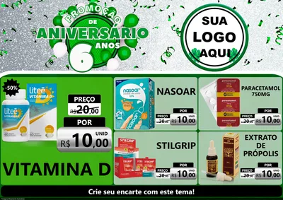 Modelo de Encarte para Encarte A4 Horizontal com o tema Promoção de Aniversário - 6 Anos para Farmácia