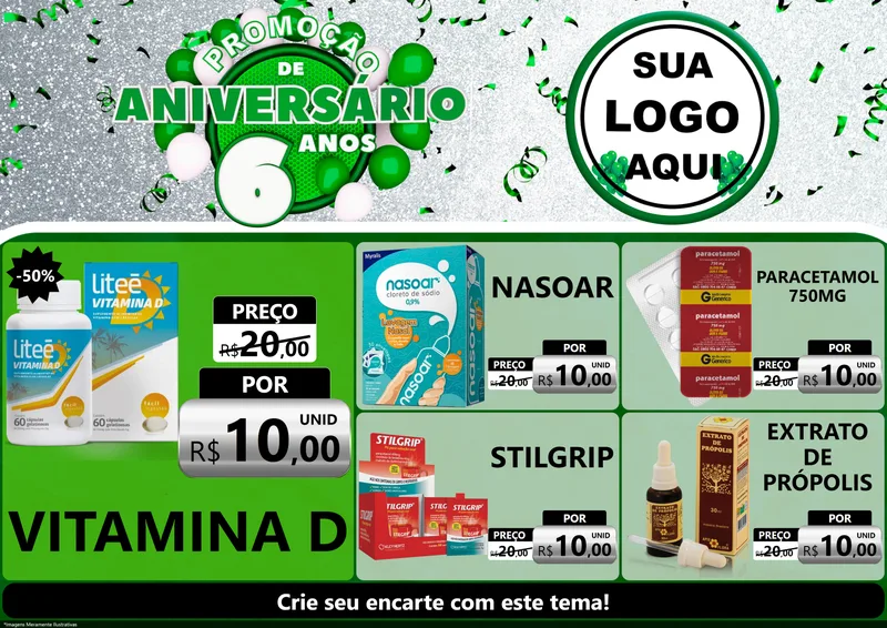 Modelo de Encarte para Encarte A4 Horizontal com o tema Promoção de Aniversário - 6 Anos para Farmácia