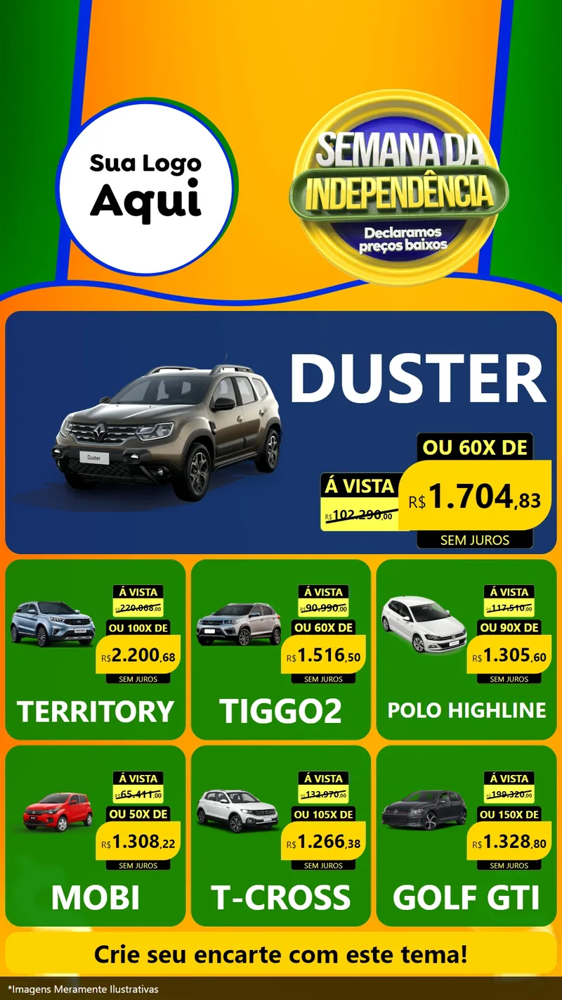 Modelo de Rede Social para Stories com o tema Semana da Independência Declaramos Preços Baixos para Concessionaria de Carros