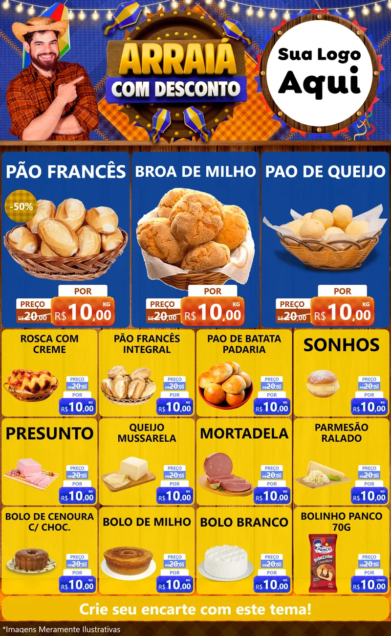 Modelo de Encarte para Encarte Grande com o tema Arraiá Com Desconto para Padaria