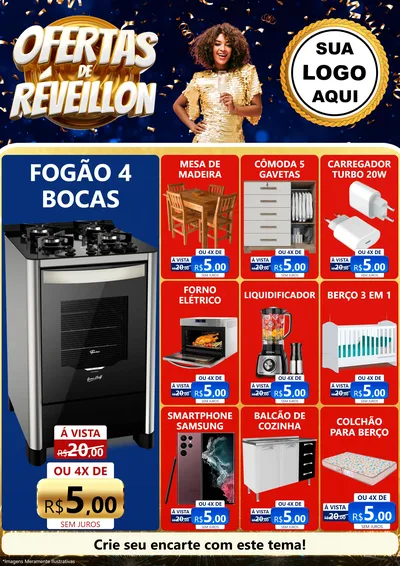 Modelo de Encarte para Encarte A4 Vertical com o tema Ofertas de Réveillon para Móveis e Eletro
