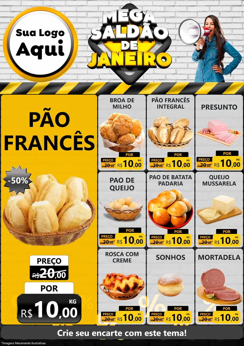 Modelo de Encarte para Encarte A4 Vertical com o tema Mega Saldão de Janeiro para Padaria