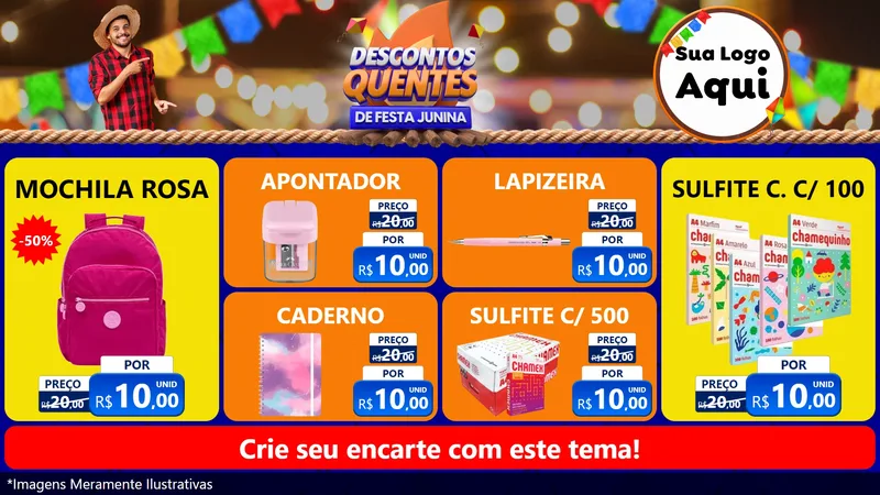 Modelo de TV para TV Horizontal com o tema Descontos Quentes de Festa Junina para Papelaria