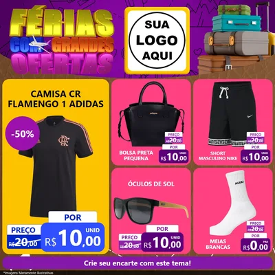 Modelo de Rede Social para Feed Facebook com o tema Férias com Grandes Ofertas para Roupas e acessórios