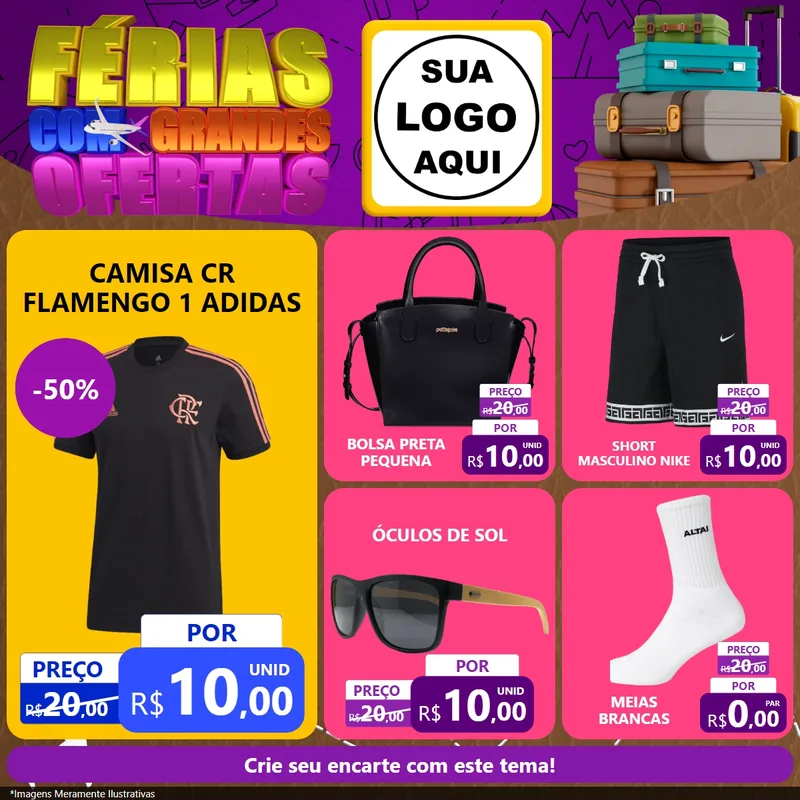 Modelo de Rede Social para Feed Facebook com o tema Férias com Grandes Ofertas para Roupas e acessórios