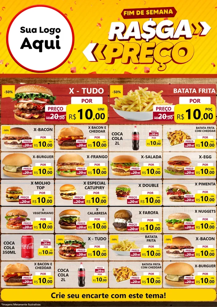 Modelo de Encarte para Encarte A4 Vertical com o tema Fim de Semana Rasga Preços para Hamburgueria