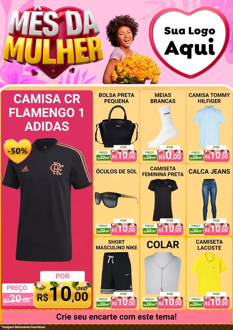 Modelo de Encarte para Encarte A4 Vertical com o tema Mês da Mulher para Roupas e acessórios