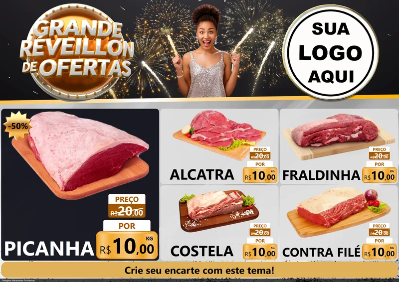 Modelo de Encarte para Encarte A4 Horizontal com o tema Grande Réveillon de Ofertas para Açougue