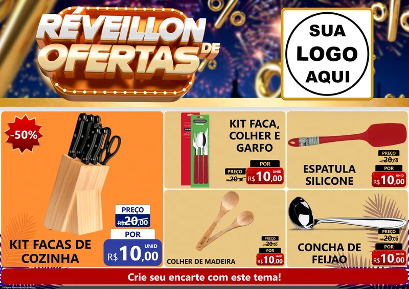 Modelo de Encarte para Encarte A4 Horizontal com o tema Réveillon de Ofertas para Utilidades Domésticas