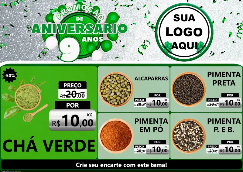 Modelo de Encarte para Encarte A4 Horizontal com o tema Promoção de Aniversário - 9 Anos para Produtos Naturais