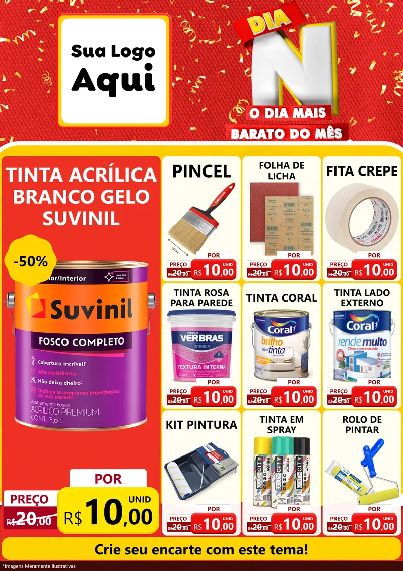 Modelo de Encarte para Encarte A4 Vertical com o tema Dia N o Dia Mais Barato do Mês para Tintas e Ferramentas
