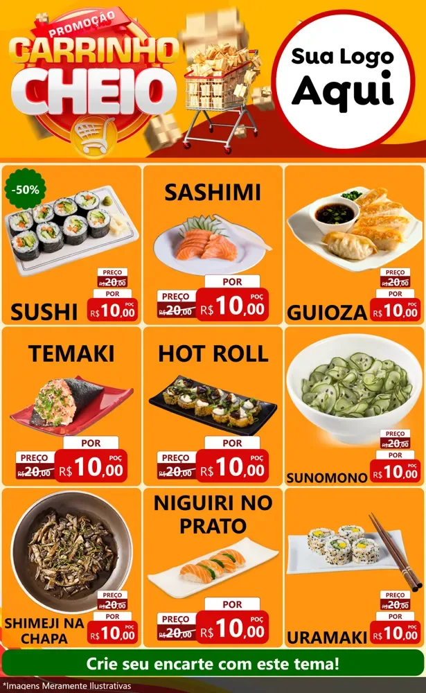 Modelo de Encarte para Encarte Grande com o tema Promoção carrinho cheio para Comida japonesa