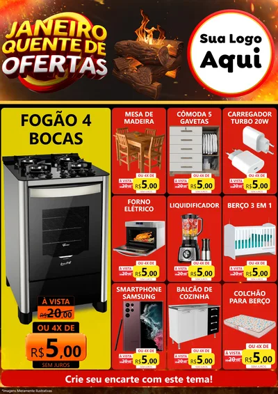 Modelo de Encarte para Encarte A4 Vertical com o tema Janeiro Quente de Ofertas para Móveis e Eletro