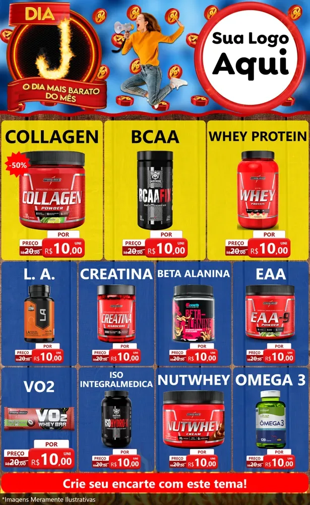 Modelo de Encarte para Encarte Grande com o tema Dia J - O Dia Mais Barato Do Mês para Suplementos alimentares