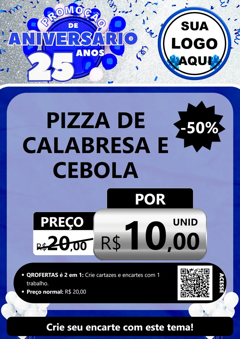 Modelo de Cartaz para Cartaz A4 Vertical com o tema Promoção de Aniversário - 25 Anos para Pizzaria