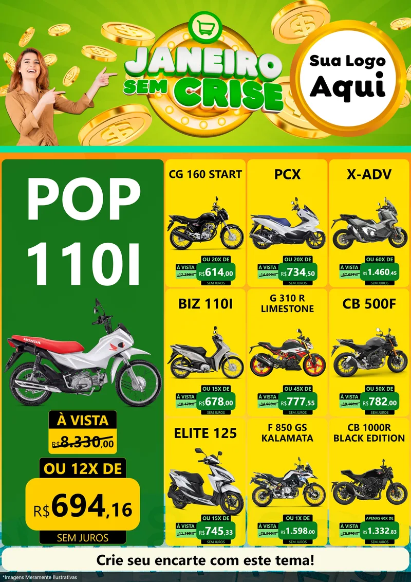 Modelo de Encarte para Encarte A4 Vertical com o tema Janeiro Sem Crise para Concessionaria de Motos