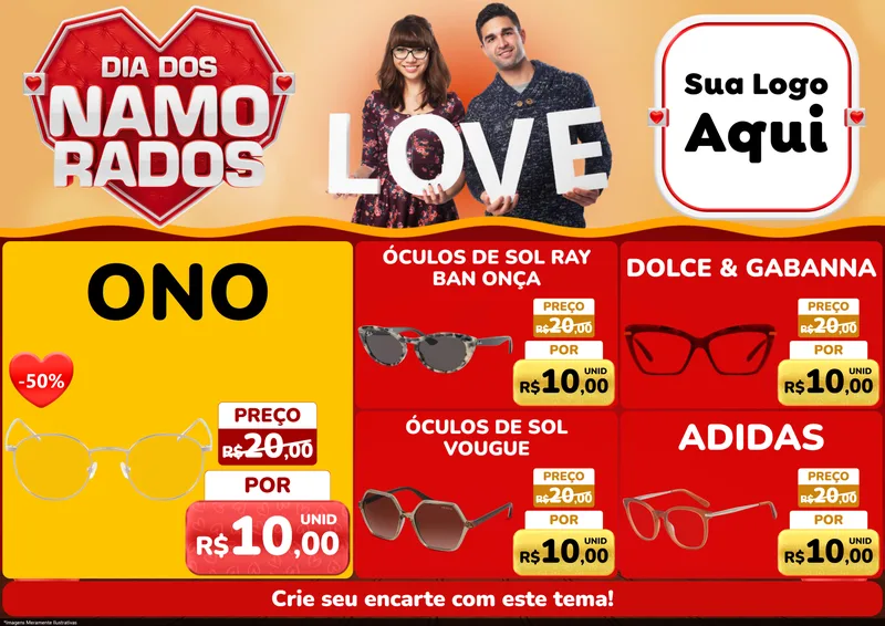 Modelo de Encarte para Encarte A4 Horizontal com o tema Dia dos Namorados para Óticas