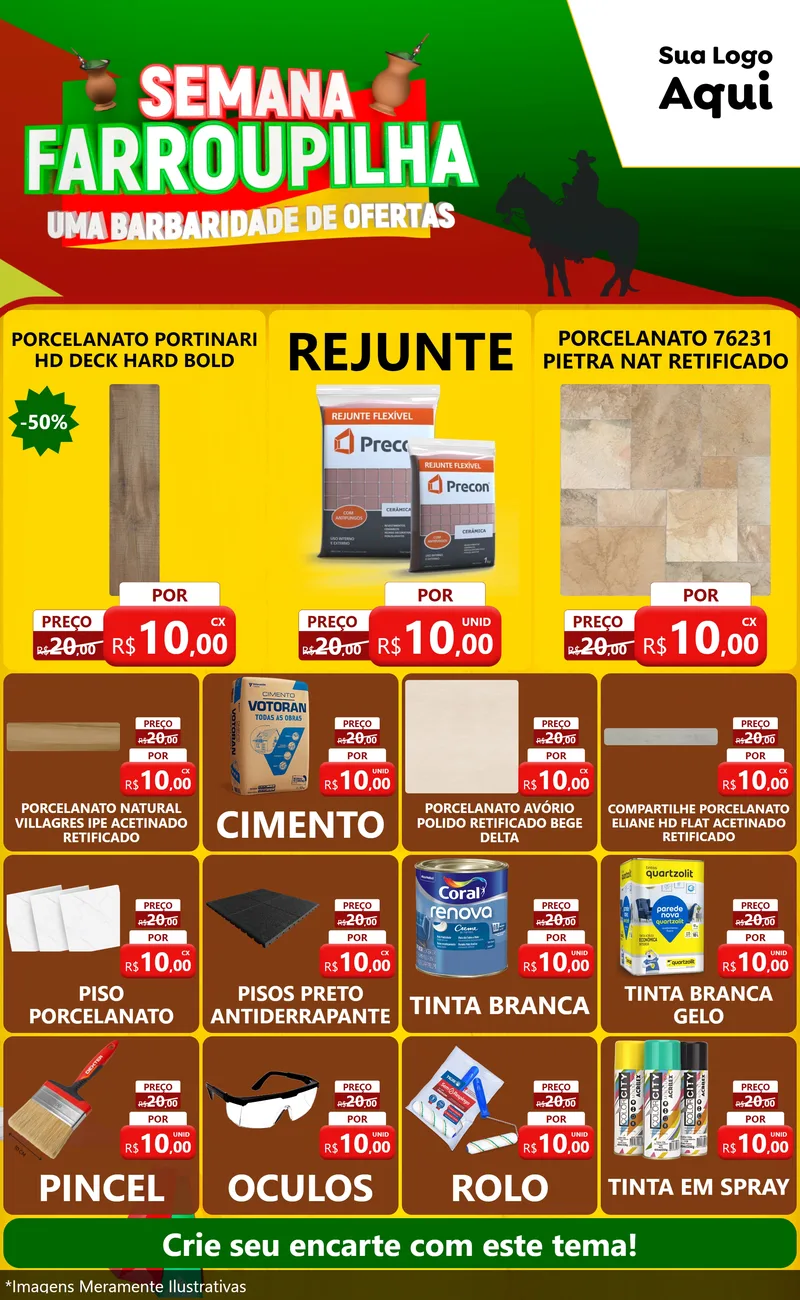 Modelo de Encarte para Encarte Grande com o tema Semana Farroupilha - Uma Barbaridade de Ofertas para Pisos e revestimentos