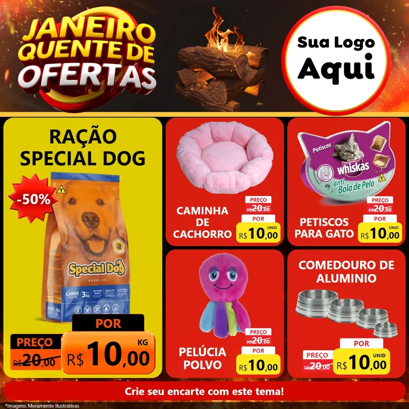 Modelo de Rede Social para Feed Facebook com o tema Janeiro Quente de Ofertas para Pet Shop
