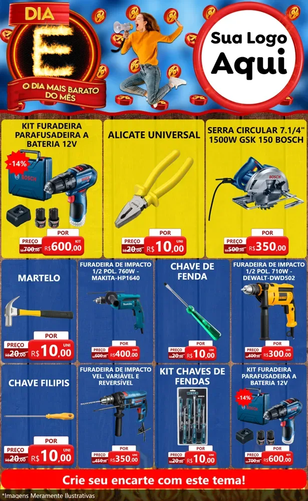 Modelo de Encarte para Encarte Grande com o tema Dia E - O Dia Mais Barato Do Mês para Maquinas e Ferramentas