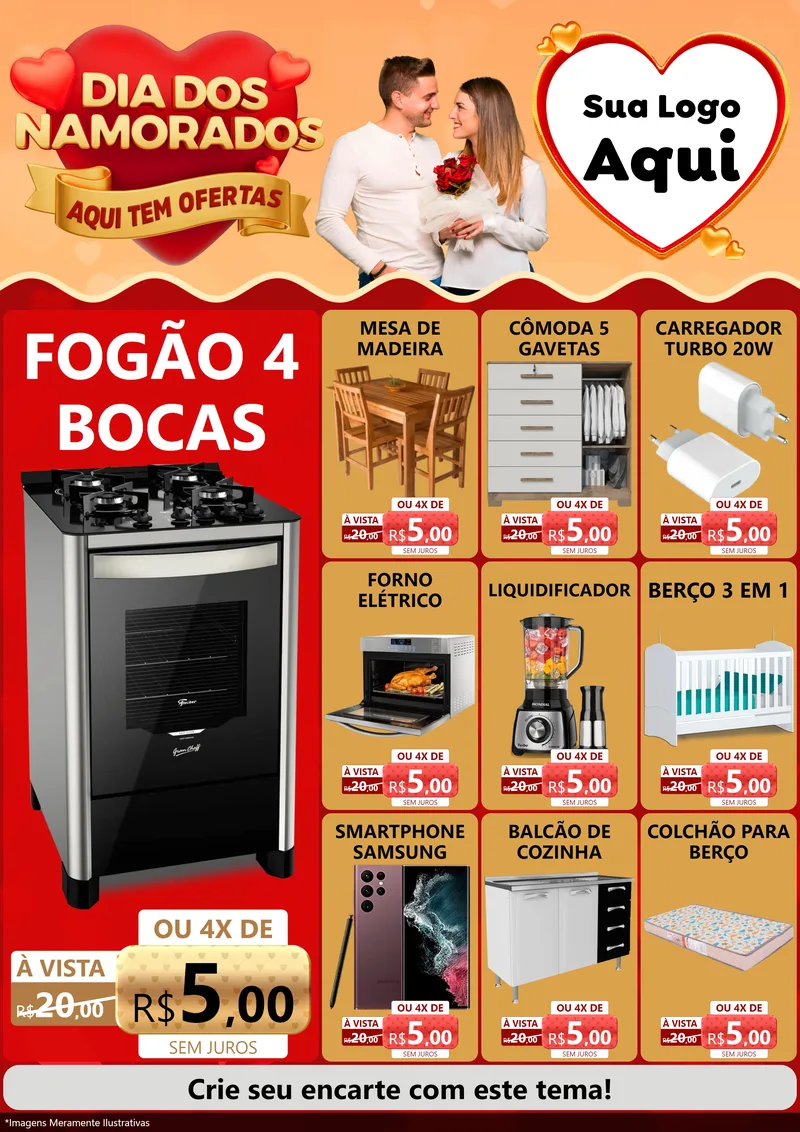 Modelo de Encarte para Encarte A4 Vertical com o tema Dia dos Namorados - Aqui Tem Ofertas para Móveis e Eletro