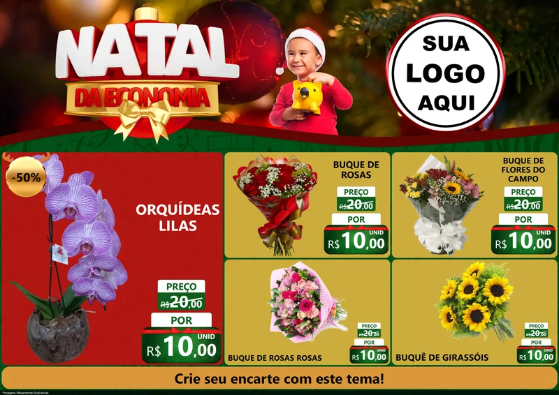 Modelo de Encarte para Encarte A4 Horizontal com o tema Natal da Economia para Floricultura e jardim