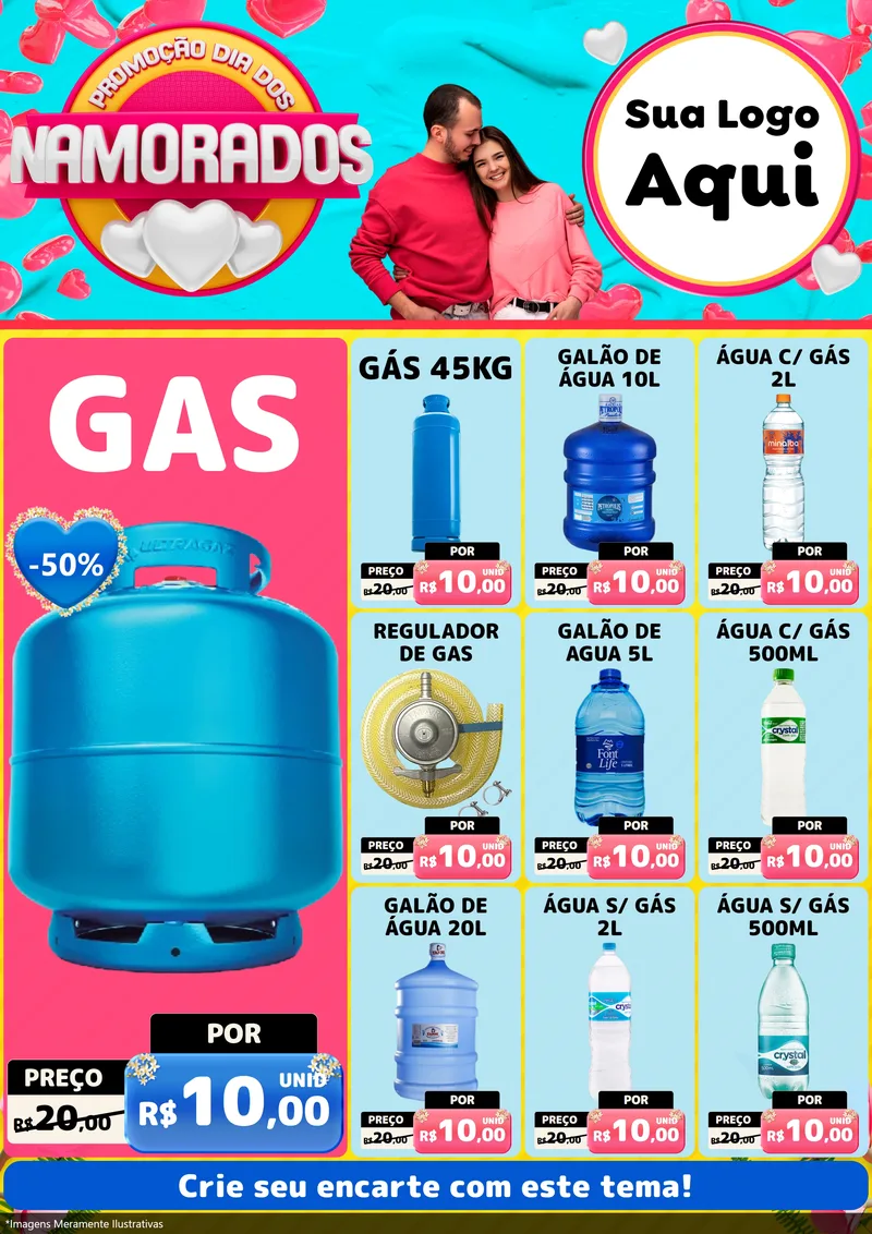 Modelo de Encarte para Encarte A4 Vertical com o tema Promoção Dia dos Namorados para Água e gás