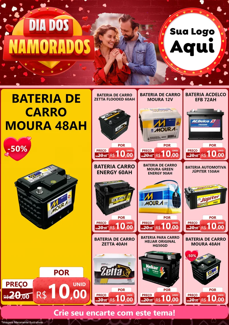 Modelo de Encarte para Encarte A4 Vertical com o tema Dia Dos Namorados para Baterias Elétricas