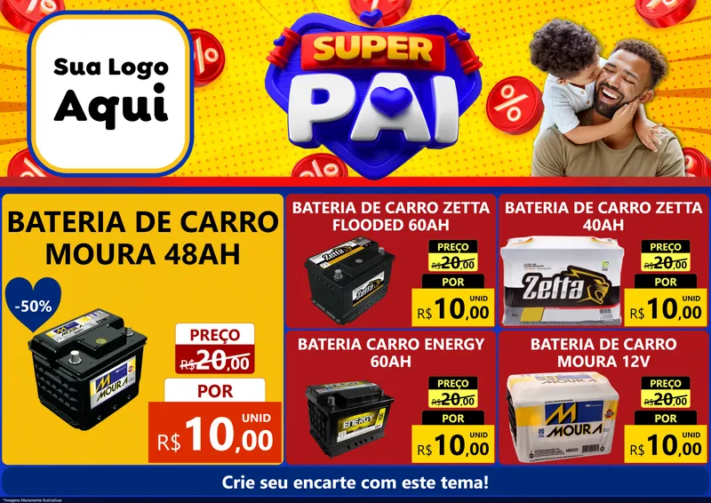 Modelo de Encarte para Encarte A4 Horizontal com o tema Super Pai para Baterias Elétricas