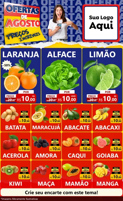 Modelo de Encarte para Encarte Grande com o tema Ofertas de Agosto - Preços Incríveis para Hortifrúti
