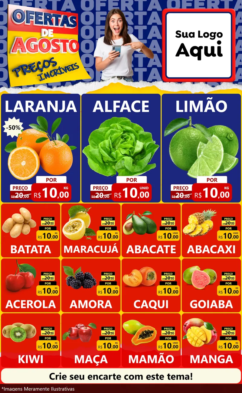 Modelo de Encarte para Encarte Grande com o tema Ofertas de Agosto - Preços Incríveis para Hortifrúti