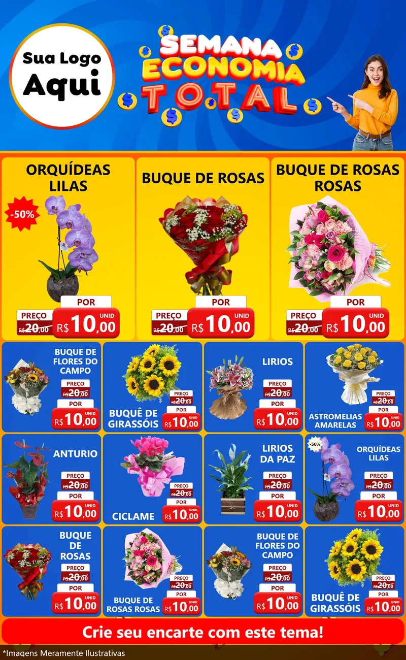 Modelo de Encarte para Encarte Grande com o tema Semana Economia Total para Floricultura e jardim