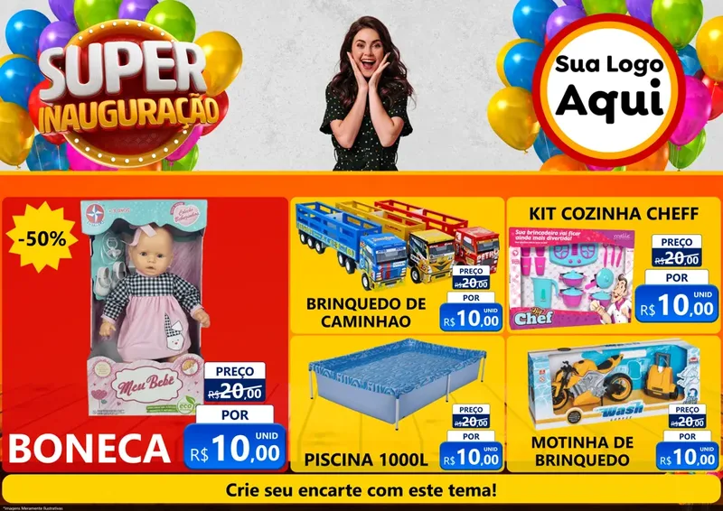 Modelo de Encarte para Encarte A4 Horizontal com o tema Super Inauguração para Brinquedos