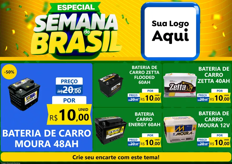 Modelo de Encarte para Encarte A4 Horizontal com o tema Especial Semana do Brasil para Baterias Elétricas