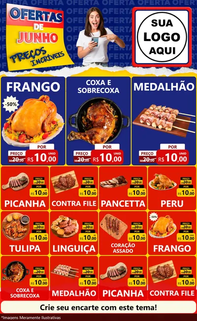 Modelo de Encarte para Encarte Grande com o tema Ofertas de Junho - Preços Incríveis para Assados