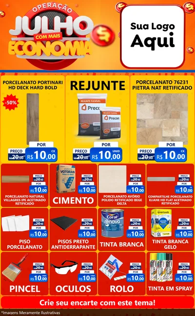 Modelo de Encarte para Encarte Grande com o tema Operação Julho Com Mais Economia para Pisos e revestimentos
