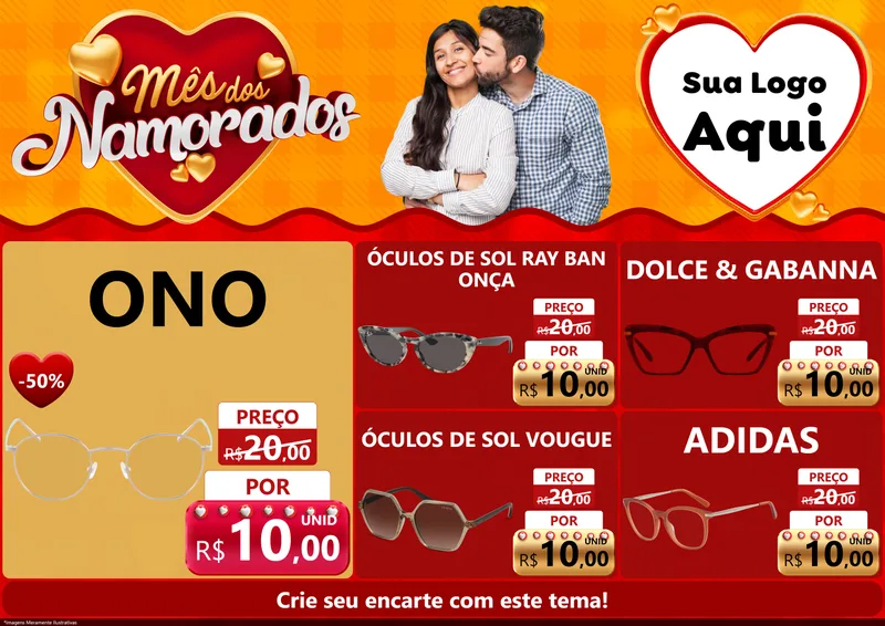 Modelo de Encarte para Encarte A4 Horizontal com o tema Mês dos Namorados para Óticas