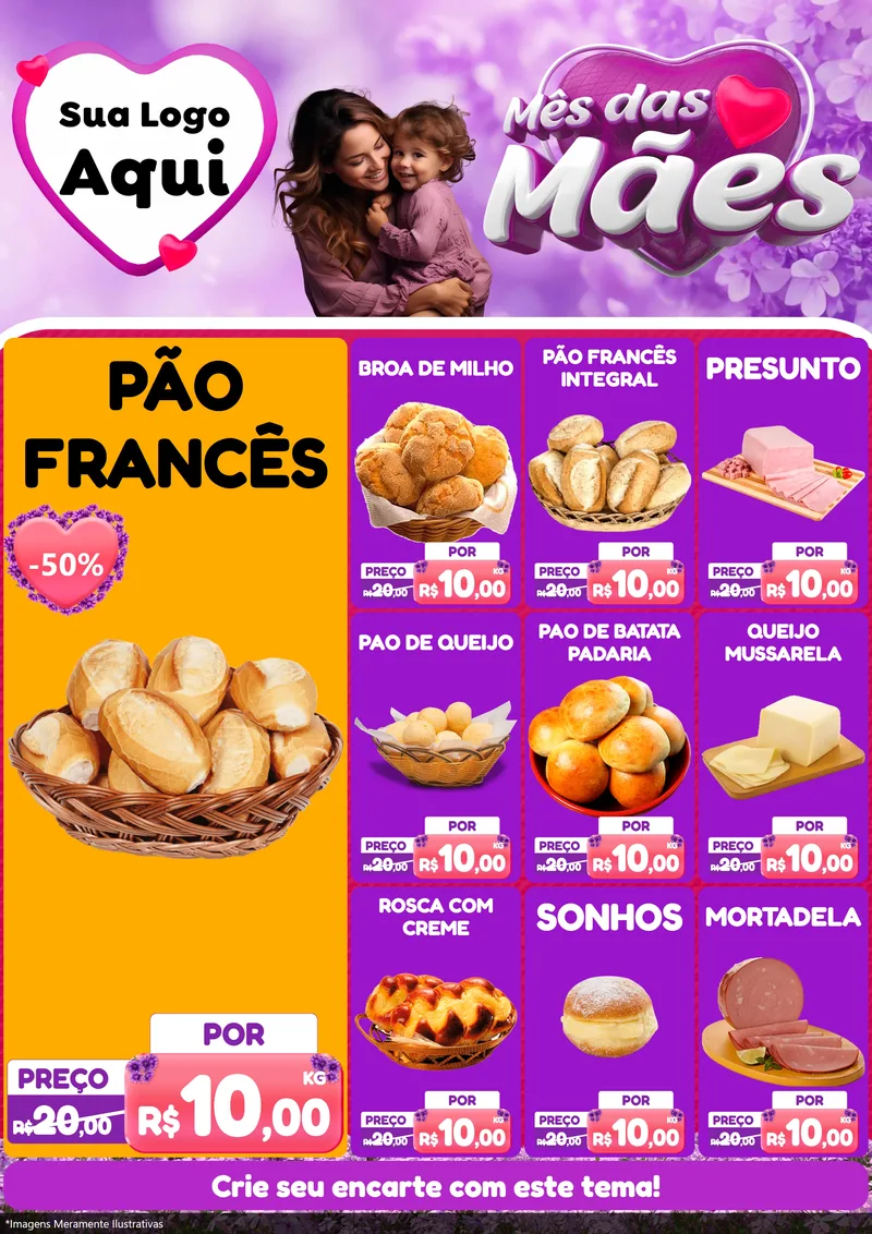 Modelo de Encarte para Encarte A4 Vertical com o tema Mês das Mães para Padaria