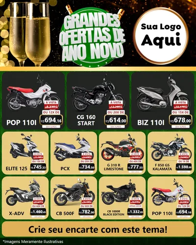 Modelo de Rede Social para Feed Instagram com o tema Grandes Ofertas de Ano Novo para Concessionaria de Motos
