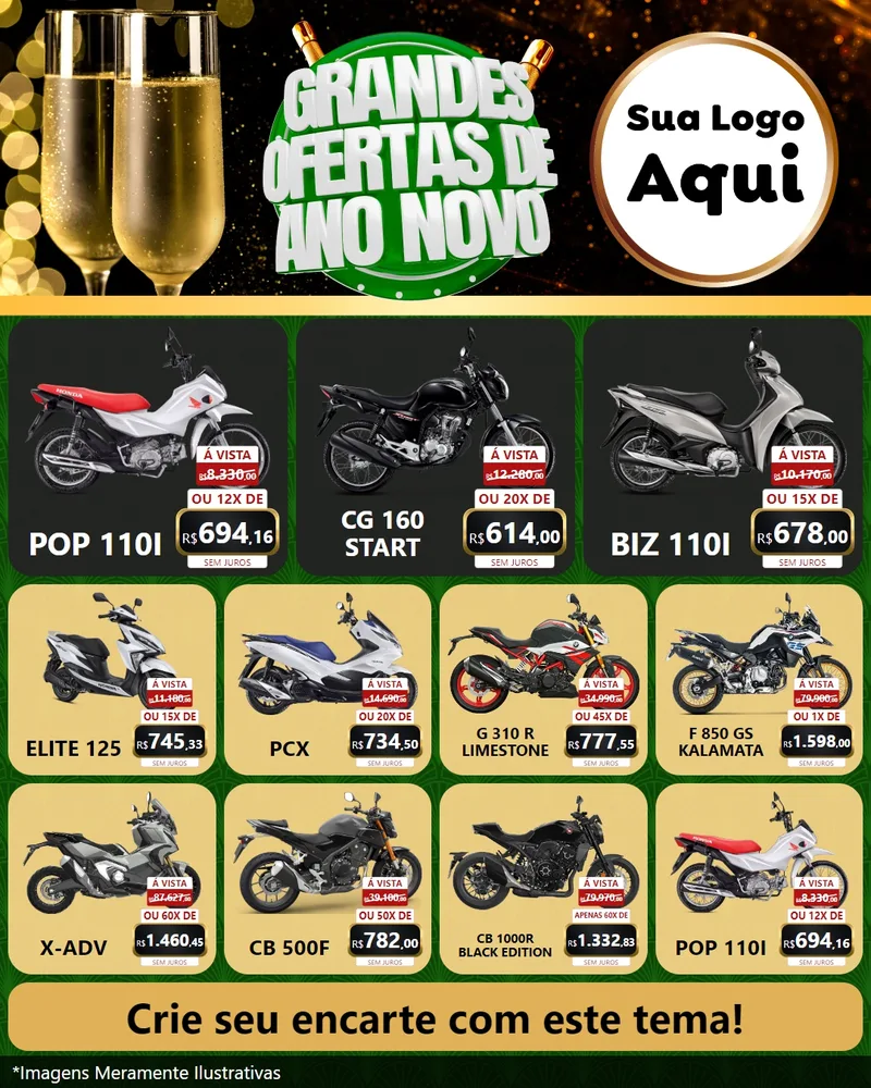 Modelo de Rede Social para Feed Instagram com o tema Grandes Ofertas de Ano Novo para Concessionaria de Motos