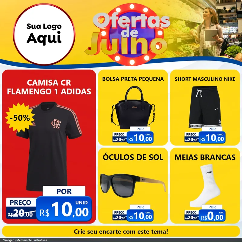 Modelo de Rede Social para Feed Facebook com o tema Ofertas de Julho para Roupas e acessórios