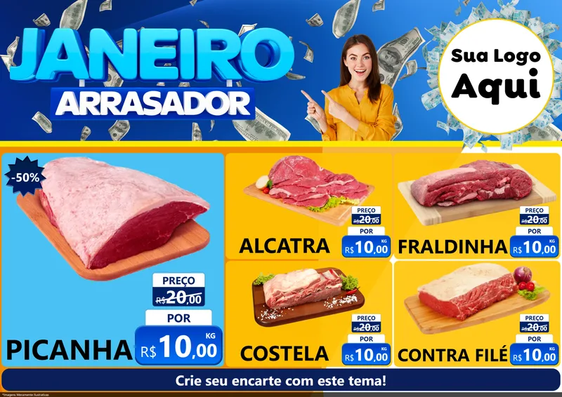Modelo de Encarte para Encarte A4 Horizontal com o tema Janeiro Arrasador para Açougue