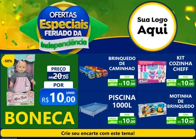 Modelo de Encarte para Encarte A4 Horizontal com o tema Ofertas Especiais Feriado da Independência para Brinquedos