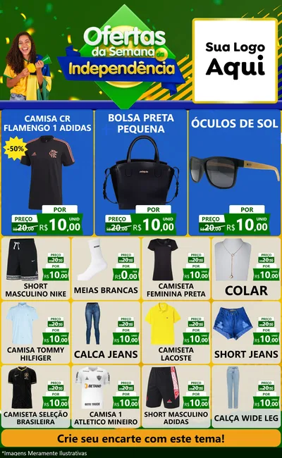 Modelo de Encarte para Encarte Grande com o tema Ofertas da Semana da Independência para Roupas e acessórios