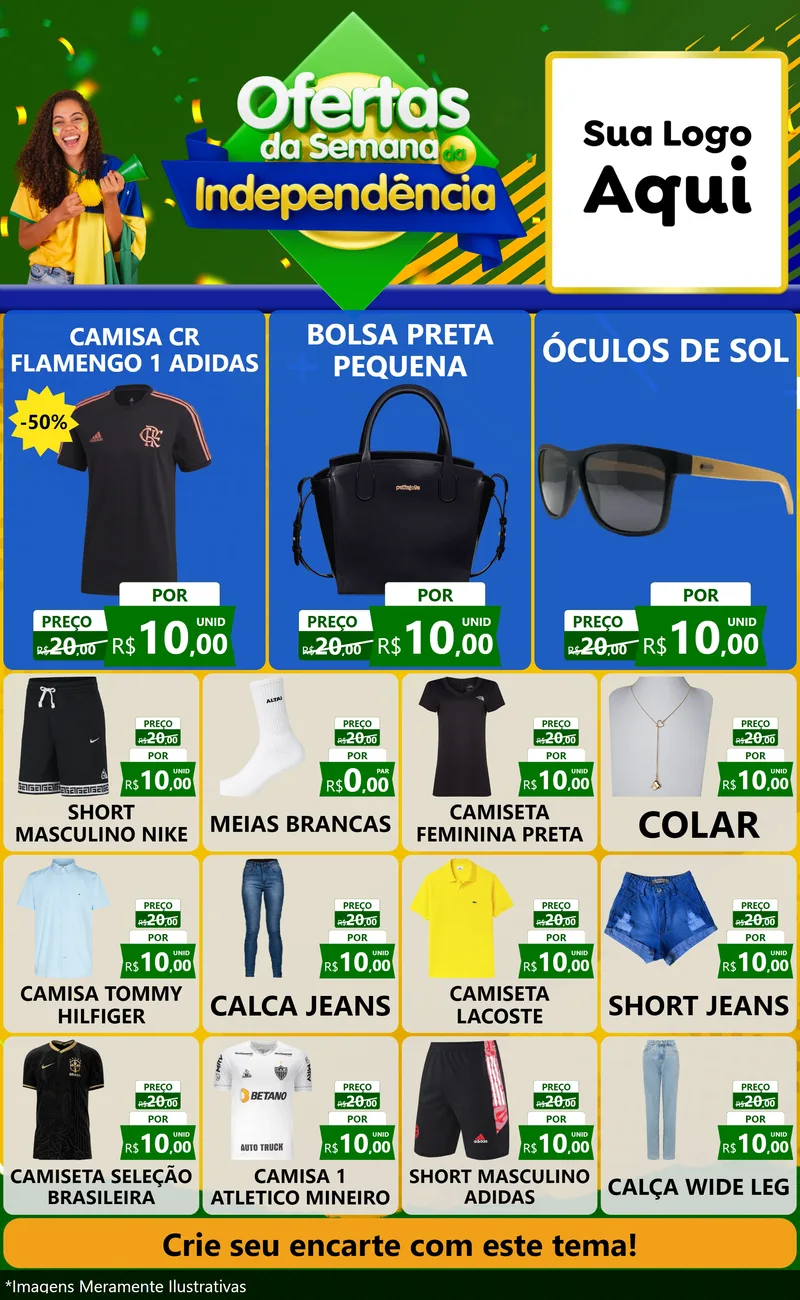 Modelo de Encarte para Encarte Grande com o tema Ofertas da Semana da Independência para Roupas e acessórios