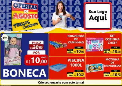 Modelo de Encarte para Encarte A4 Horizontal com o tema Ofertas de Agosto - Preços Incríveis para Brinquedos