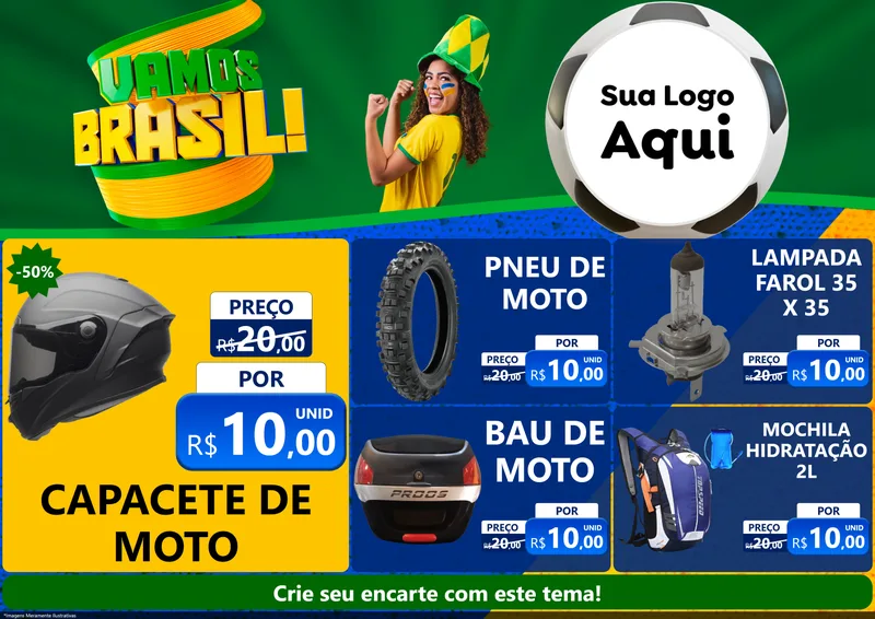 Modelo de Encarte para Encarte A4 Horizontal com o tema Vamos Brasil - Copa para Moto peças